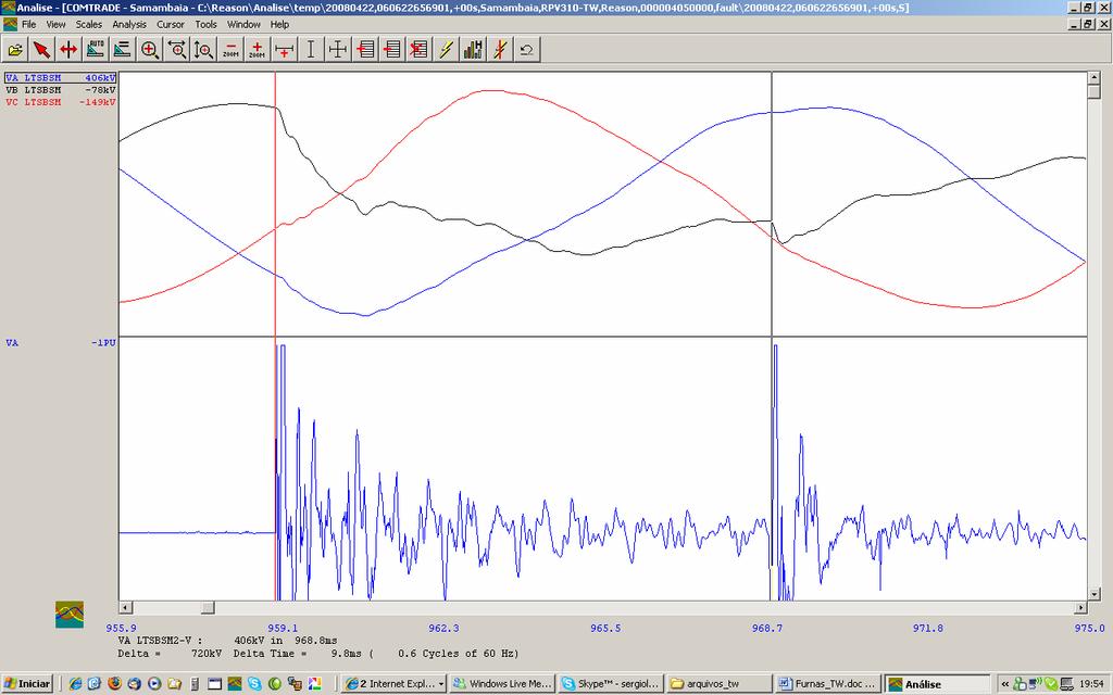 A Figura 7 mostra um zoom da frente de onda capturada onde é possível ver que a o range de medição não capturou os extremos da frente de onda da onda viajante, visto que o pico foi muito elevado.