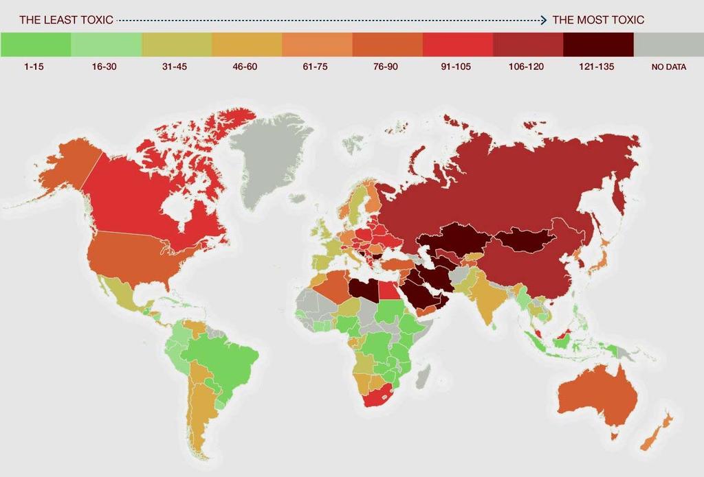 MAPA MUNDI DE PAÍSES COM AMBIENTES MAIS OU MENOS TÓXICOS 17 