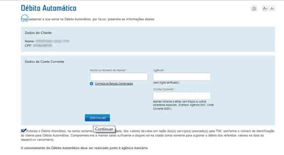 DEBITADO MENSALMENTE, DÊ O ACEITE AUTORIZANDO E CLIQUE EM CONTINUAR.