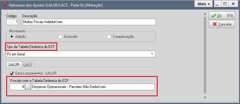 cadastradas as adições, exclusões e compensações do Ajuste Parte A É