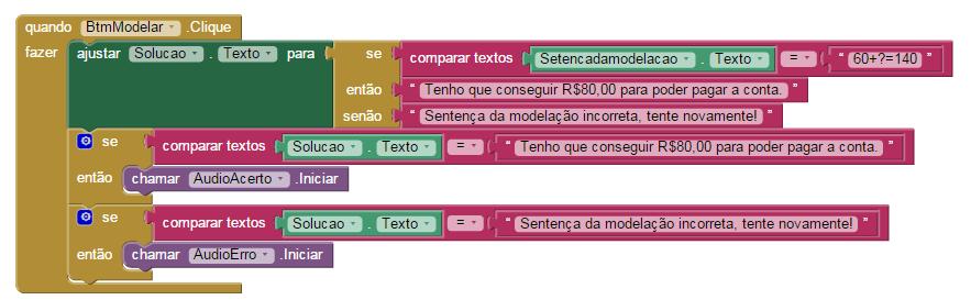 O primeiro bloco de programação (de cima para baixo) faz tocar o áudio de instruções do aplicativo. O segundo bloco faz mudar de tela ao termino do áudio de instruções.