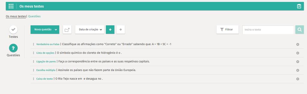 Para encontrar questões de forma mais rápida, é possível filtrar a lista de questões segundo a sua tipologia, ordenar a lista de questões (ascendente e descendente) e realizar uma pesquisa.