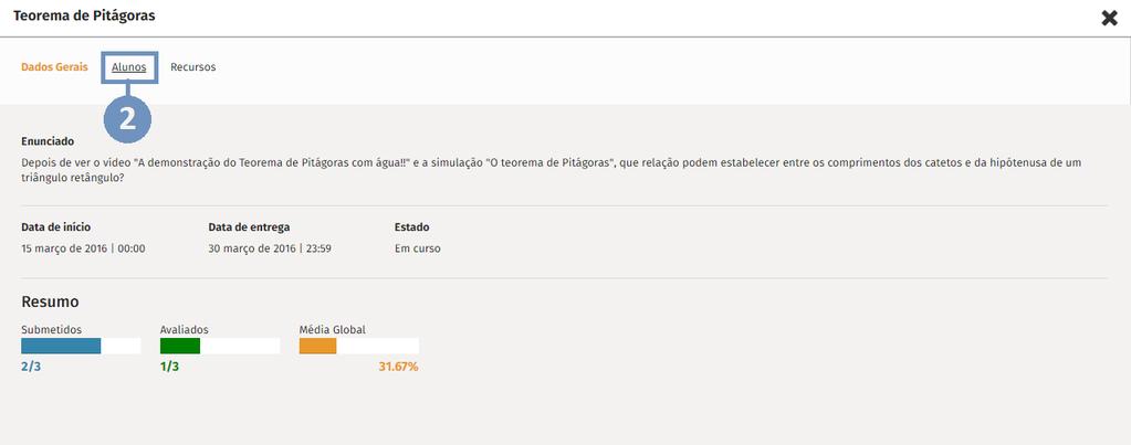 2. Clicar em Alunos; Aceder ao trabalho dos alunos 3.