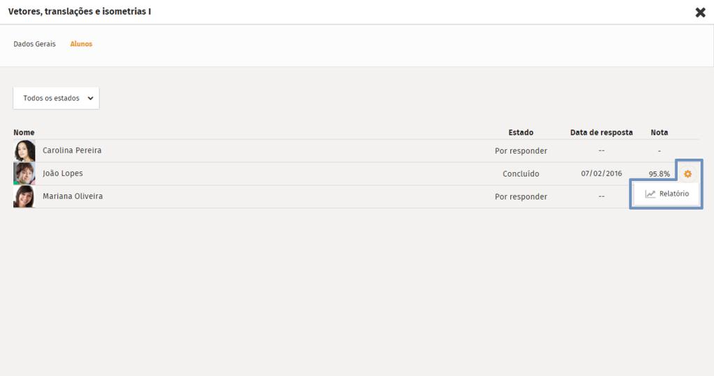 6. Clicar sobre o nome do aluno ou, em opções, clicar em Relatório.