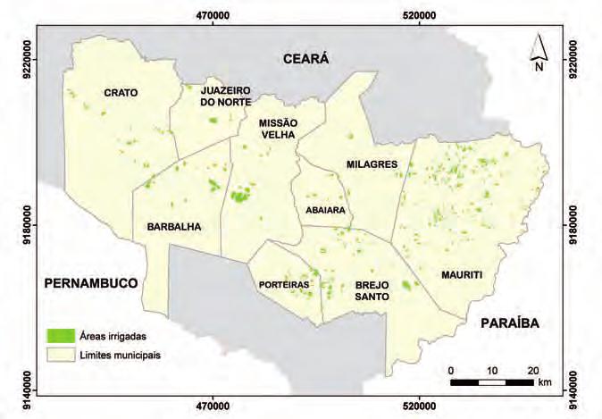 Neste levantamento foram identificados.,7 ha de áreas irrigadas exclusivamente com água subterrânea, os municípios com maior concentração são Brejo Santo, Missão Velha e Mauriti, conforme Tabela.