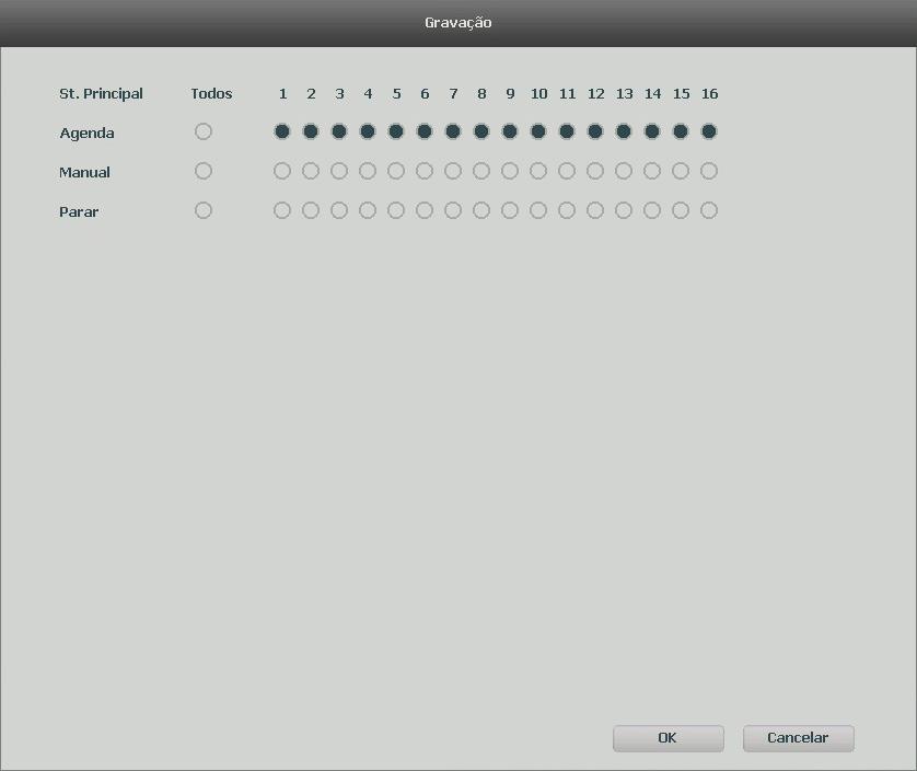 Para gravação em modo Agenda de todos os canais, basta selecionar Todos na linha Agenda.