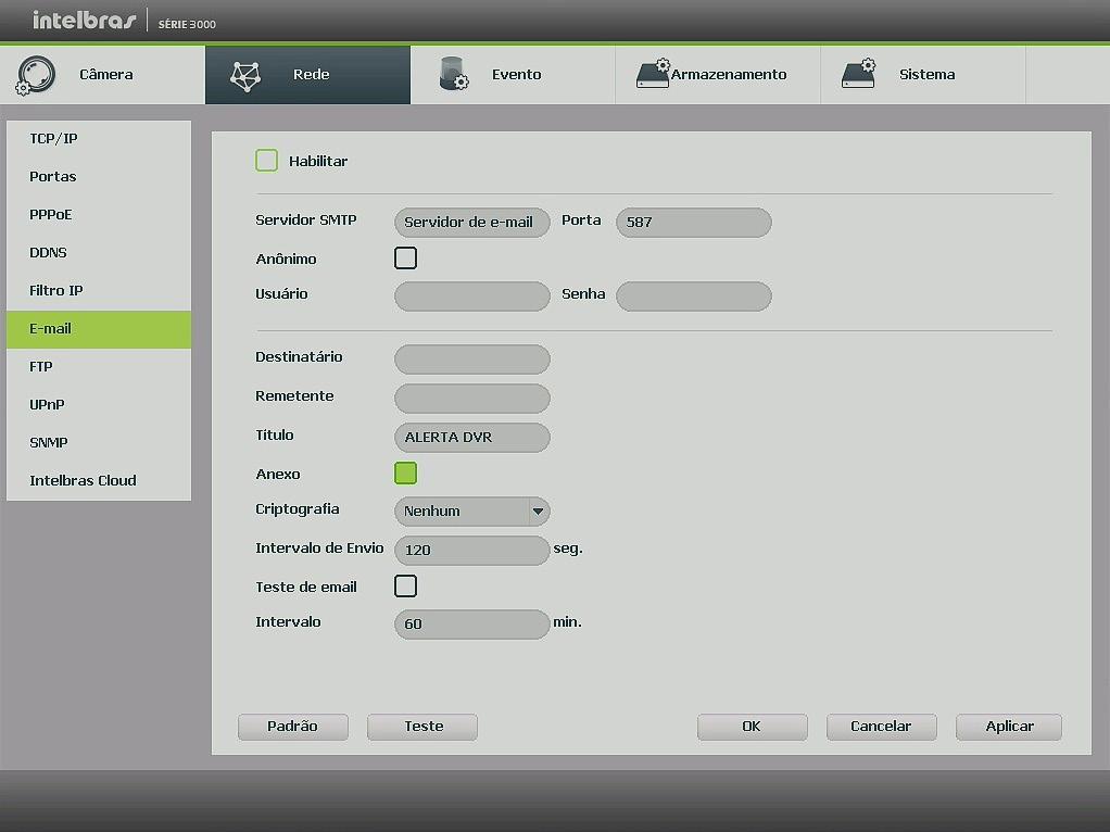 E-mail Clique no item E-mail para acessar a interface de configuração do envio de notificações via e-mail, nas configurações de rede.