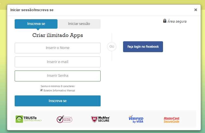 como mostra a imagem abaixo: Deve: preencher os campos nome, email e senha ou vincular a sua conta do