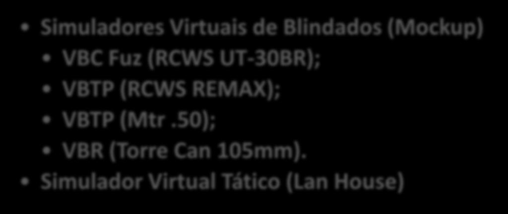DISPOSITIVOS DE SIMULAÇÃO E APOIO À INSTRUÇÃO Sistema de Simulação Virtual Simuladores Virtuais de Blindados (Mockup)