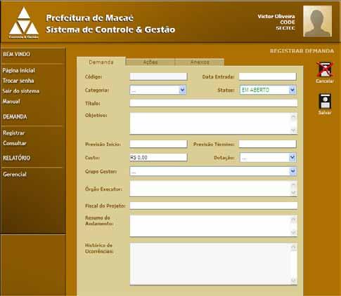 Principais funcionalidades do sistema: Registro de Demanda: Demandas solicitadas as Unidades da Prefeitura de Macaé são informadas e cadastradas pela Câmara