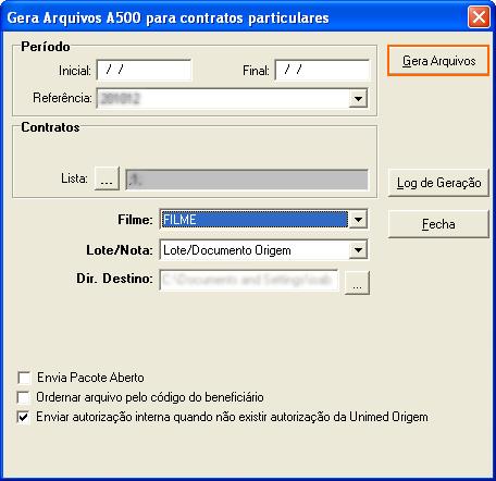 Figura 2: Interface Geração do Arquivo PTU A500 para contratos particulares. Destaque para o botão Gera Arquivos.