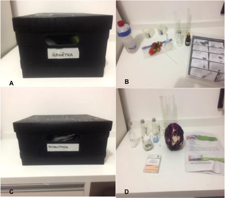 5 Figura 1. A. Biologia na Caixa Genética, B. Material para a aula de extração de DNA, C. Biologia na Caixa Bioquímica, e D. Material para a aula de Indicador ácido-base com repolho roxo.