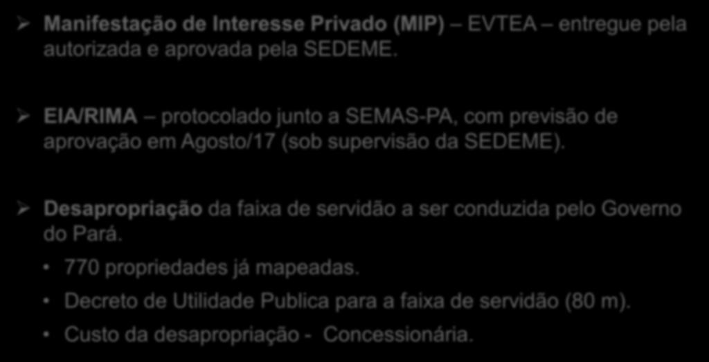 Status do projeto Manifestação de Interesse Privado (MIP) EVTEA entregue pela autorizada e aprovada pela SEDEME.