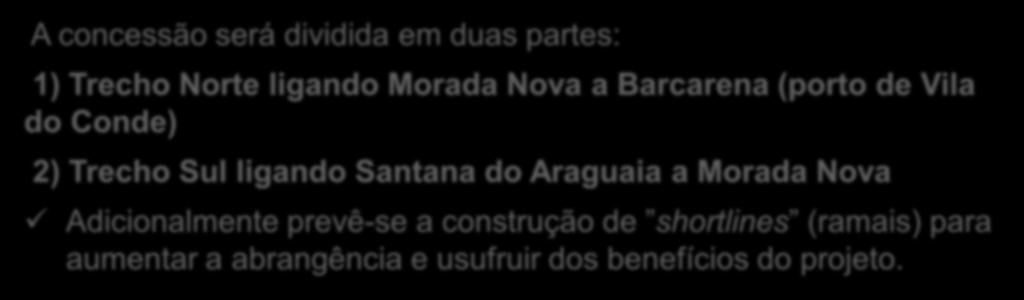 O projeto A concessão será dividida em duas partes: 1) Trecho Norte ligando Morada Nova a Barcarena (porto de Vila do Conde) 2) Trecho Sul ligando Santana do Araguaia a Morada Nova Adicionalmente