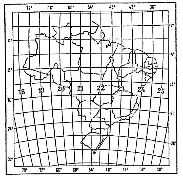 10.1.4 Abrangência no Brasil Sua abrangência é nacional, contemplando um conjunto de 46 cartas. O Território Brasileiro é coberto por 08 (oito) fusos. (Figura 2.14) Figura 2.