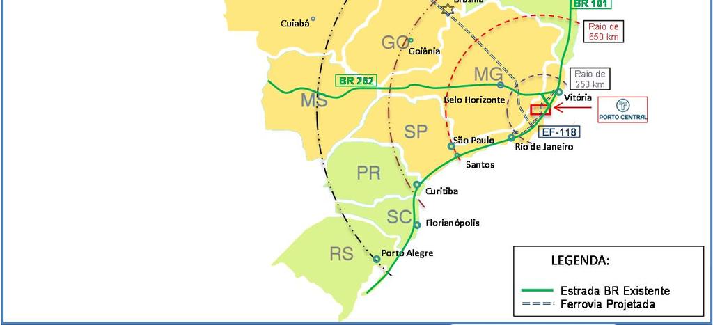 rodoviários Novas ligações rodoviárias planejadas BR 101: Norte-Sul BR 262: Leste-Oeste DISTANCIAS: Vitória a 125 km