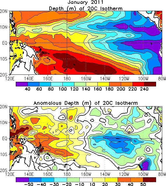 A termoclina oceânica (medido pela profundidade da isoterma de 20 graus Celsius) manteve-se muito mais superficial do que a média em todo o pacifico equatorial central e oriental