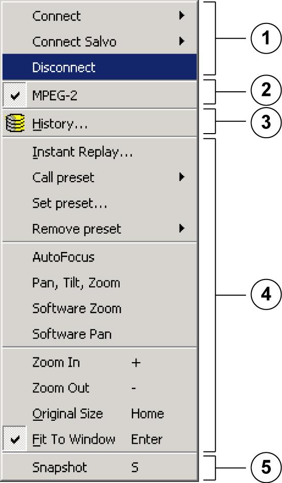 VIDOS Pro Suite Referência pt 31 3.4.1 Menu de atalho numa janela de monitor O menu de atalho é acedido através de um clique com o botão direito do rato numa janela de monitor.