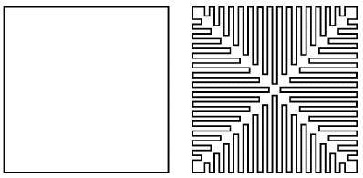Esse tipo de curva quadrada é gerado pelo sistema de Lindenmayer, e cada geração é composta por segmentos de tamanho d n e 2d n, onde a n-ésima iteração, a distância d n e o lado L do quadrado estão