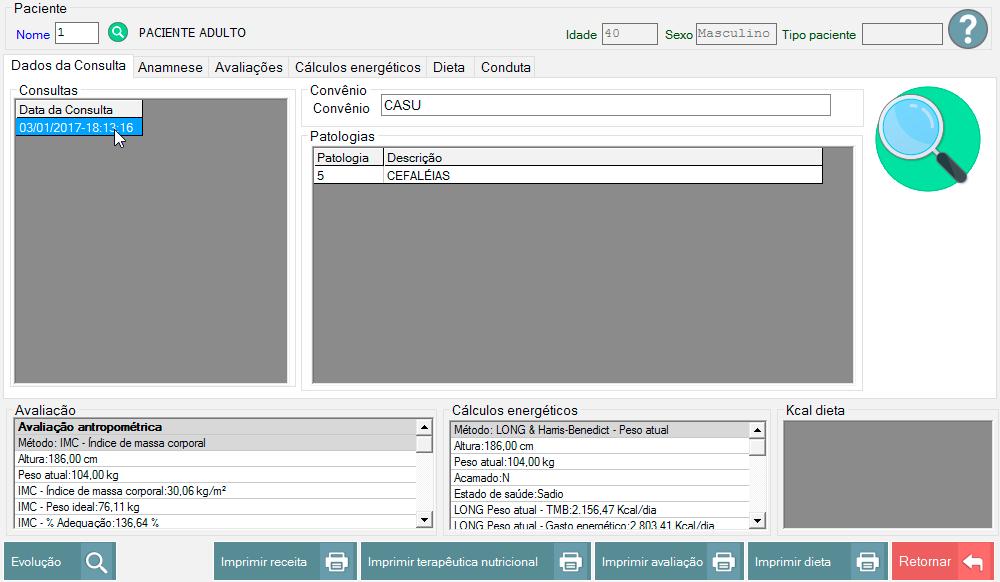 Na tela de pesquisa de consultas você pode selecionar o paciente desejado e clicar na consulta que deseja visualizar: Nessa tela o profissional poderá reimprimir todos os relatórios e verificar a