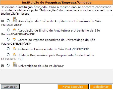 O SAGe irá Caso algum dos resultados tenha sido o pretendido, selecione-o ( ) e clique em. Caso contrário, clique em.