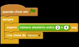 O seguinte código irá criar um novo hipopótamo de tempos em tempos. O palco é um bom local para colocar esse script!