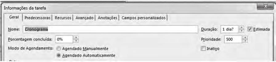 Através da janela Informações da Tarefa também é possível inserir sua duração, na aba Geral. No caso de atividades onde não existe certeza sobre a duração planejada, devemos marcar o item Estimada.