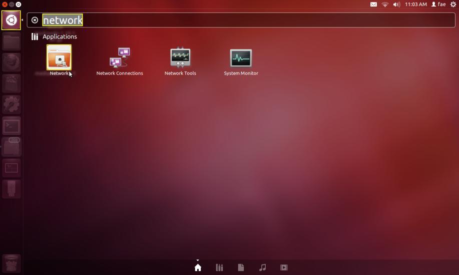 Quando o Ubuntu for reiniciado, clique em Dash Home e introduza network (rede).