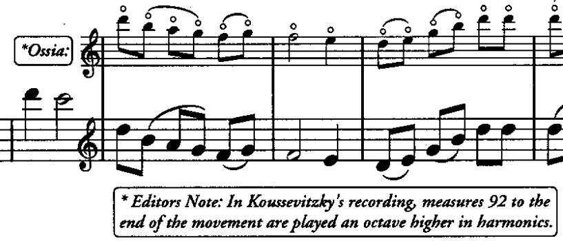 12 Figura 4 Trecho final (c.92-103) da edição de David Walter (2000) do Andante do Concerto Op.3 notada de acordo com a gravação de 1929, onde Koussevitzky realiza o trecho com harmônicos naturais.