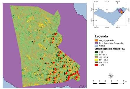 RESULTADOS E DISCUSSÃO Na Figura 2 é apresentado o mapa do albedo de superfície para o município de São do Quitunde-AL inserido na Bacia Hidrográfica do Camaragibe, onde é perceptível sobre a área