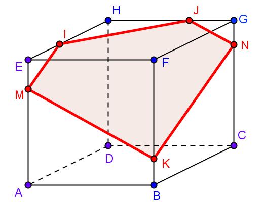 Passo 4 O segmento de reta [ KL ] interseta a face [ ABEF ] no ponto M, pelo que devemos unir M aos pontos I e K.