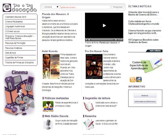 20108 Figura 3 Página de Cinema Fonte: PARANÁ (2015) O menu, localizado a esquerda, possibilita o acesso a diferentes recursos relacionados ao cinema e a educação, tais como: Calendário Escolar,