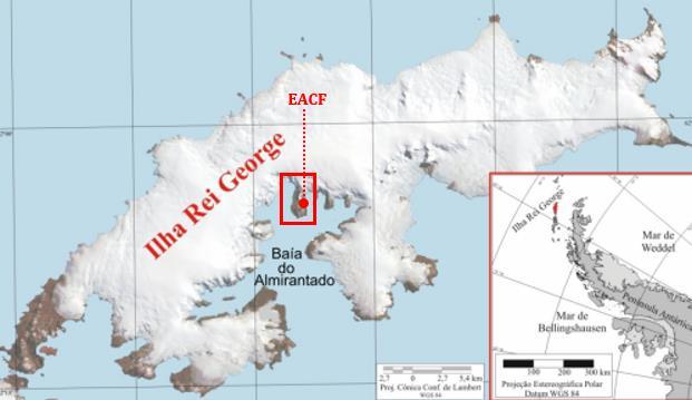 Figura 2: Localização da EACF na Península de Keller, Ilha Rei George, Península Antártica. Fonte: Rosa e outros (214).
