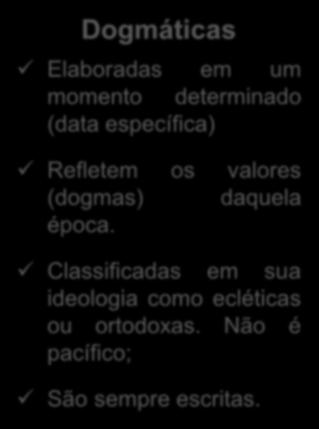 com/portaldosaprovados & Dogmáticas Elaboradas em um momento determinado (data específica) Refletem os valores (dogmas) daquela época.