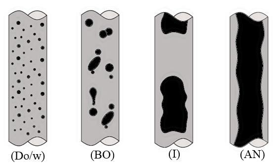 58 Capítulo 2 escoamentos horizontais. Os padrões anular (AN) e dispersão de óleo em água (Do/w) foram observados, assim como no escoamento horizontal. Bannwart et al.