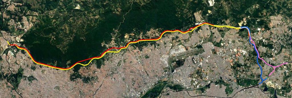 ANÁLISE DE ALTERNATIVAS DE TRAÇADO Definida a macro-diretriz D2, foram avaliadas 5 alternativas de traçado entre Perus e Manuel Feio: Alternativa 1 - Ao norte do Rodoanel até a Dutra e a oeste até