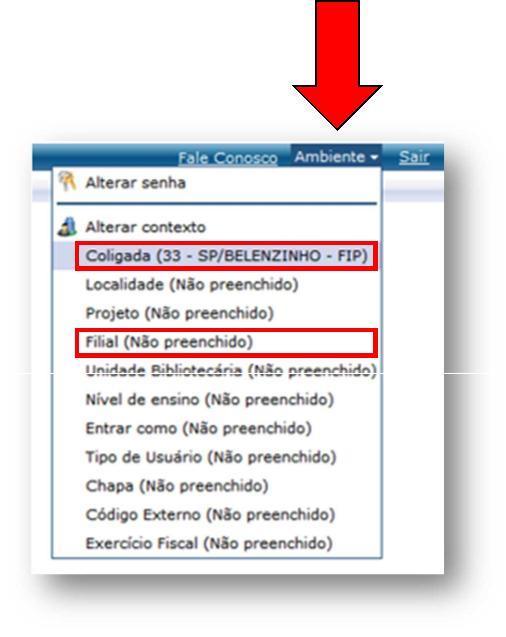 coligada e a filial dentro do menu Ambiente: Com essa opção o professor