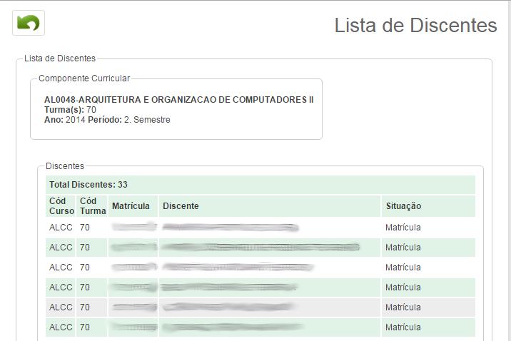 Ao clicar em ação na tela da Figura 9, terá as opções de verificar a listagem de discentes e registrar aulas. Para verificar os alunos de determinada turma clique na opção Discentes.