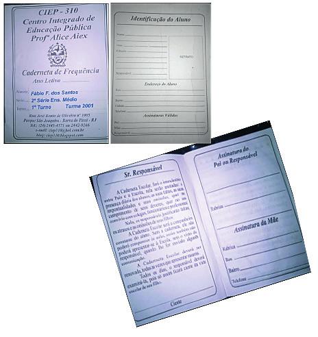Frente e verso da caderneta escolar Páginas de descrição e objetivo do uso