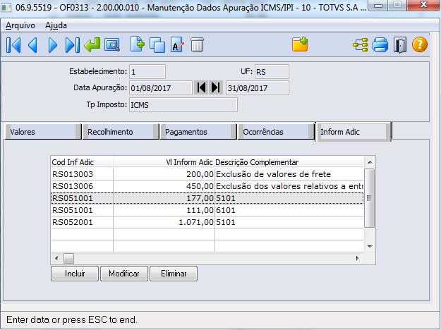 Os dados também são visualizados pelo programa LF0203 - tabela "Apuração Imposto - Inform Adic" (DWF-APURAC-IMPTO-INFORM-ADC) Os dados informados