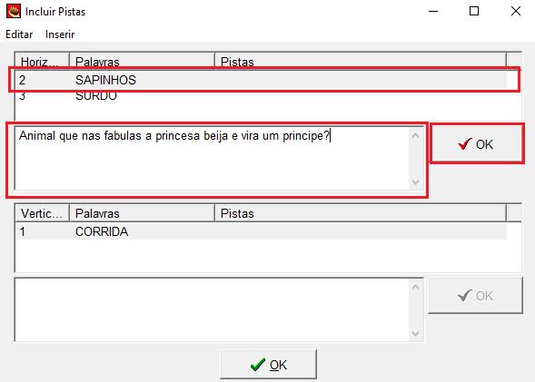 Passo4: Na janela aberta iremos preencher as pistas de cada palavra. Para isso.