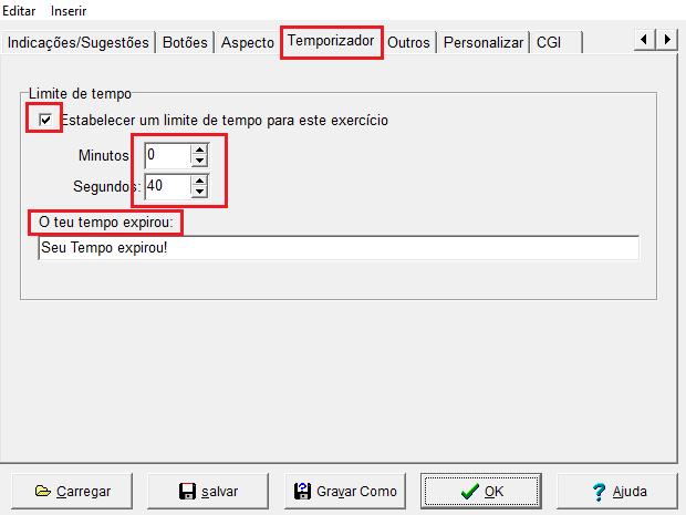 Aba Temporizador, permite definir uma quantidade de tempo baseado em