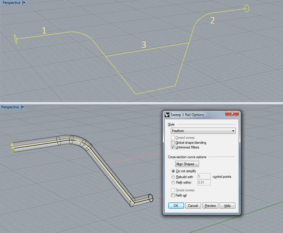 Guidão Para fazer o tubo 1, vá em Surface > Sweep 1 Rail, selecione a curva (rail ou trilho) pela qual o círculo passará e depois selecione o círculo (cross section curve).