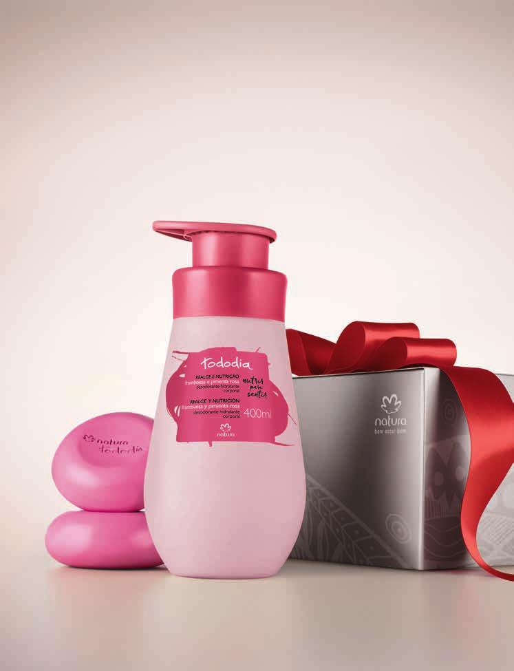 TODODIA Textura envolvente com fragrância intensa e sensual de framboesa e pimenta rosa para realçar sua pele.