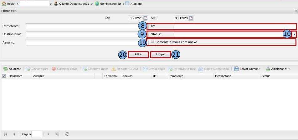 Na barra de ferramenta da auditoria existe as funcionalidades abaixo: Atualizar (22) - para atualizar a página atual clique na opção Atualizar.