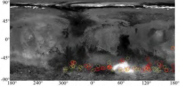 Figura 59: Distribuição das imagens na superfície de Marte: círculos amarelos e vermelhos marcam as posições das imagens MOC e HiRISE, respectivamente. Fonte: NASA/JPL/MSSS.