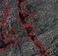 de rocha e suas sombras projetadas (bordas dos rastros detectados em vermelho).