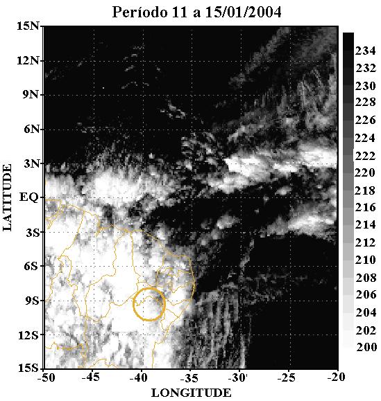 Pêntadas de temperatura de brilho média (K) para o mês de janeiro de 2004 em parte da região Nordeste do Brasil, com destaque para a área de Petrolina PE/ Juazeiro - BA. Fonte: CPTEC (www.cptec.inpe.