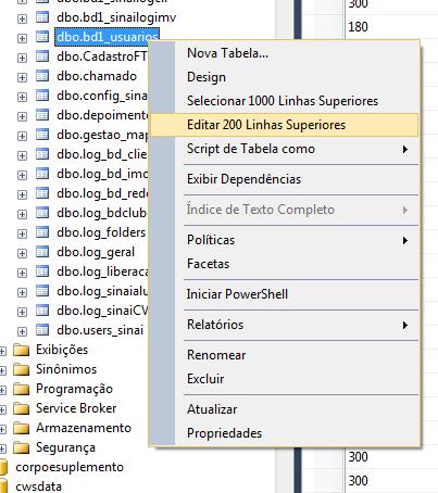 Clicar com botão direito em cima da tabela BD1_USUARIOS e depois em