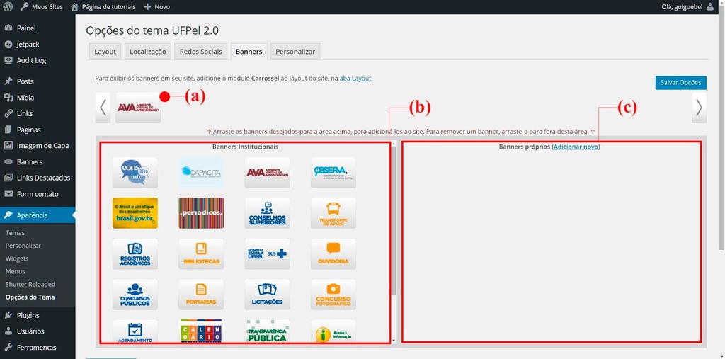 O conteúdo desta aba é apresentado na Figura 2.9. Figura 2.9: Opções do tema - aba Banners: (a) carrossel de banners; (b) quadro de banners institucionais; (c) quadro de banners do site.